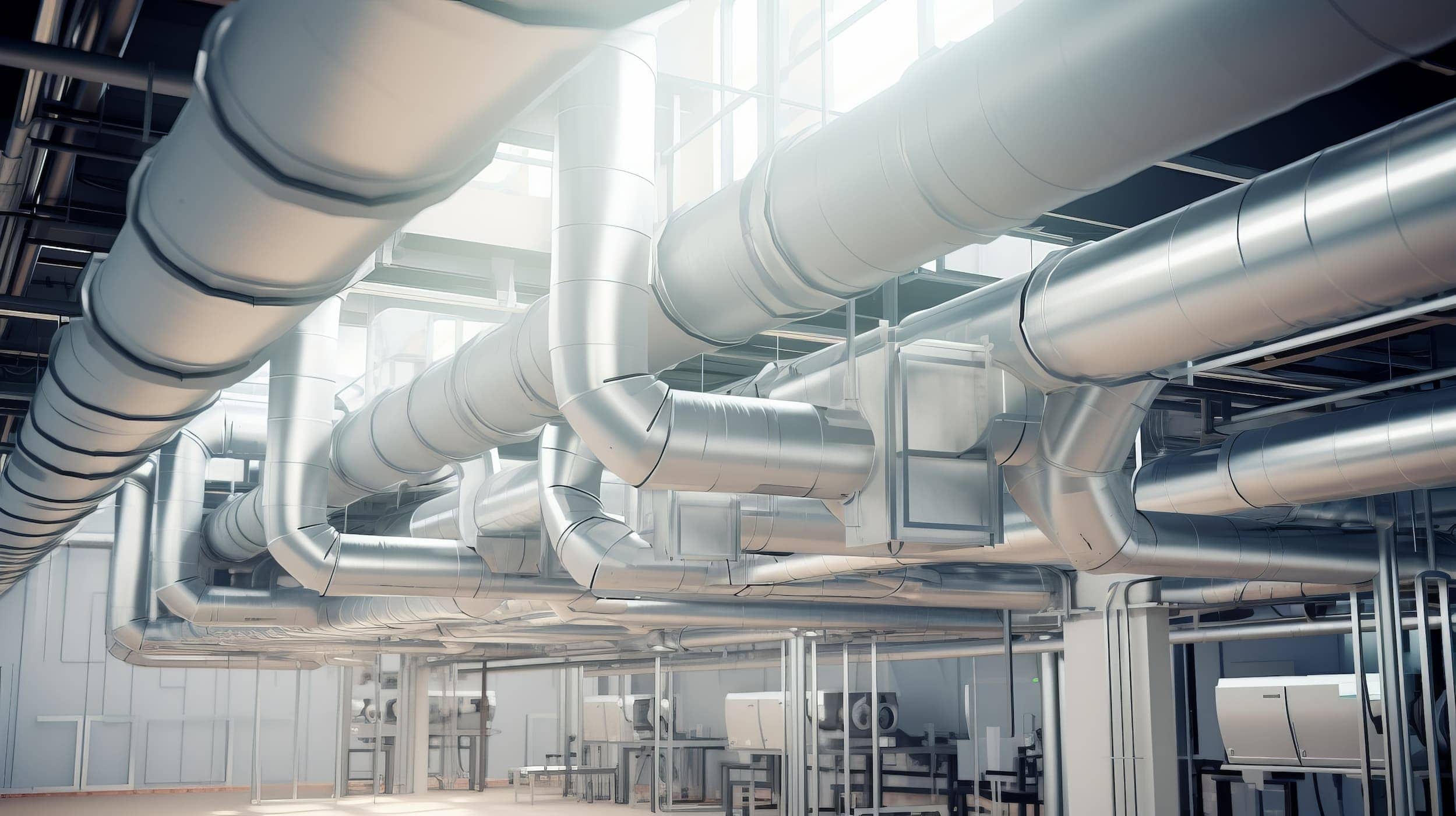 Large industrial ventilation system with multiple ducts and pipes in a spacious facility. - Southland Mechanical: Industrial Strength HVAC