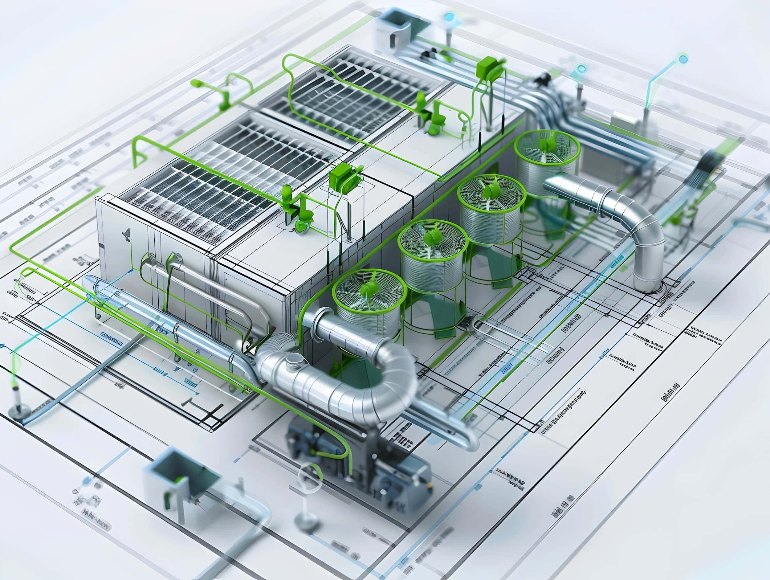 3D rendering of an industrial HVAC system with pipes, ducts, and units, placed on architectural blueprints. - Southland Mechanical: Industrial Strength HVAC