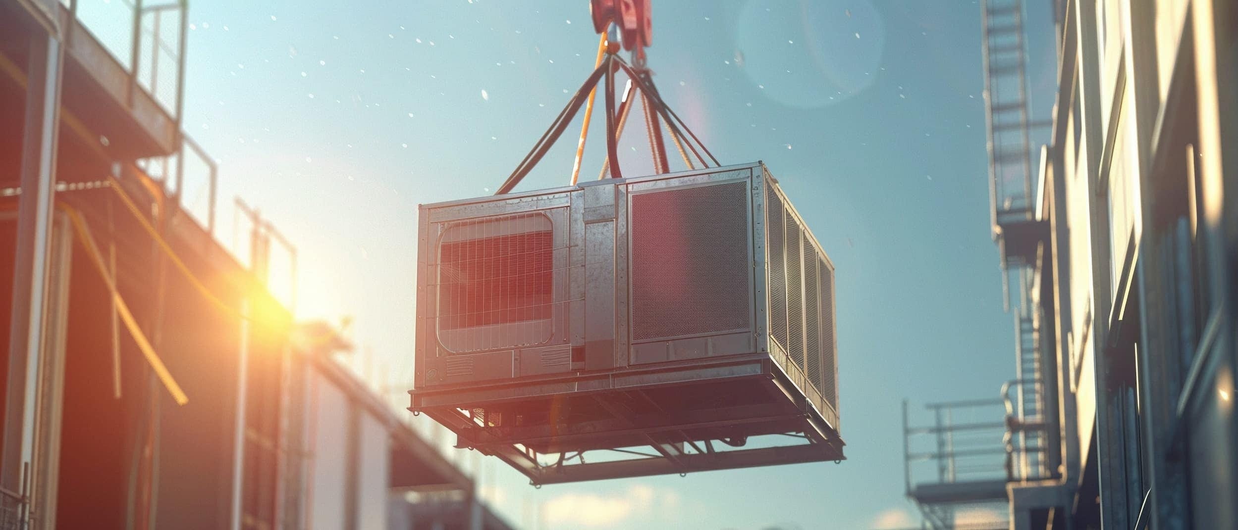 A large industrial HVAC unit is being lifted by a crane in a construction site under a clear sky, with sunlight visible. - Southland Mechanical: Industrial Strength HVAC