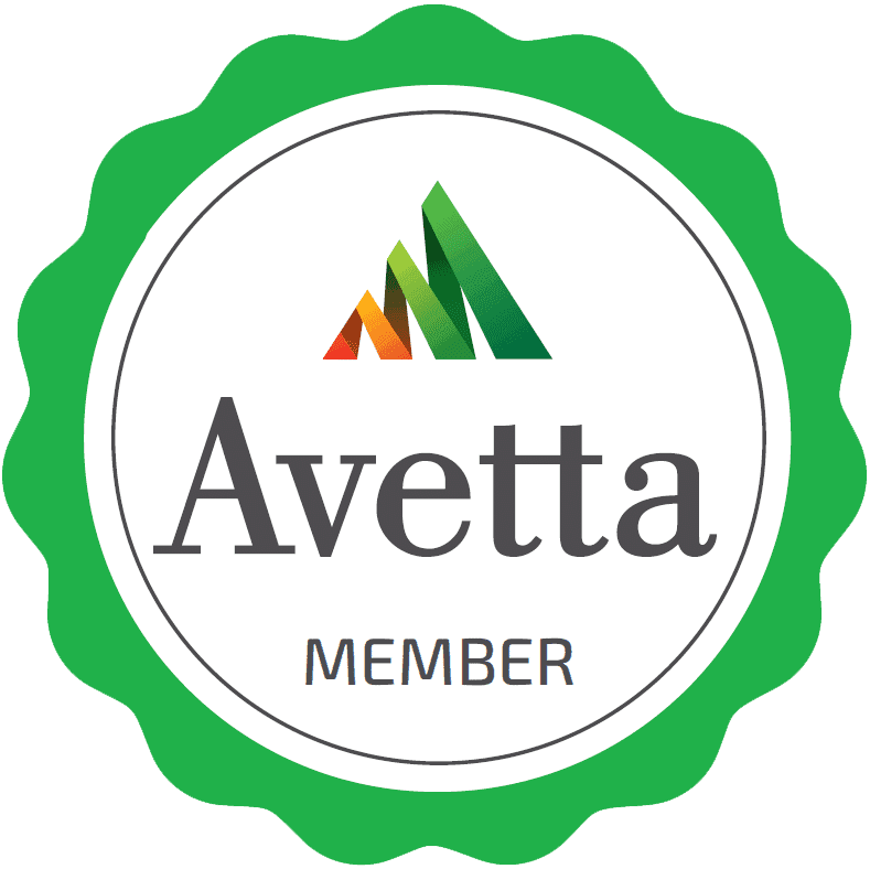 A circular green badge with a white center showcases the Avetta logo, featuring stylized triangular shapes and the text 