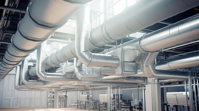 Large industrial ventilation system with multiple ducts and pipes in a spacious facility. - Southland Mechanical: Industrial Strength HVAC
