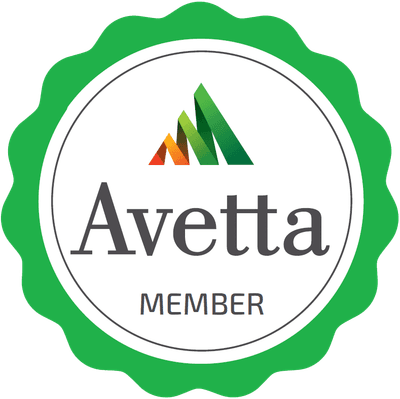 A circular green badge with a white center showcases the Avetta logo, featuring stylized triangular shapes and the text 